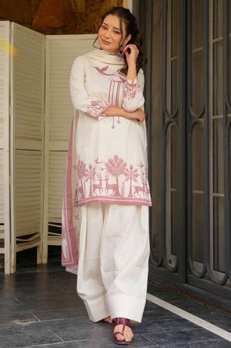 White printed khadi cotton kurta pant set with printed khadi cotton dupatta