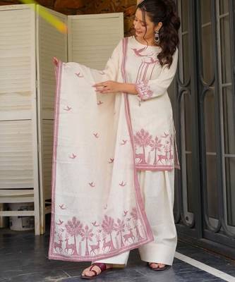 White printed khadi cotton kurta pant set with printed khadi cotton dupatta 2