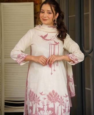 White printed khadi cotton kurta pant set with printed khadi cotton dupatta 4