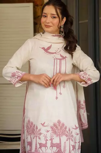 White printed khadi cotton kurta pant set with printed khadi cotton dupatta