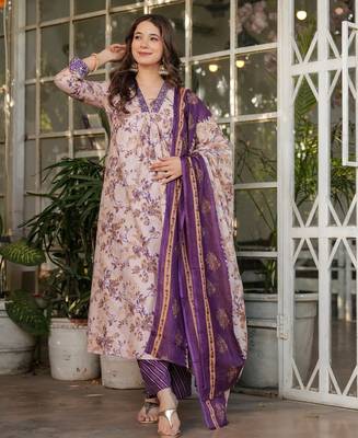 Beige & purple floral printed pure cotton a-line kurta pant set with chanderi cotton dupatta 1
