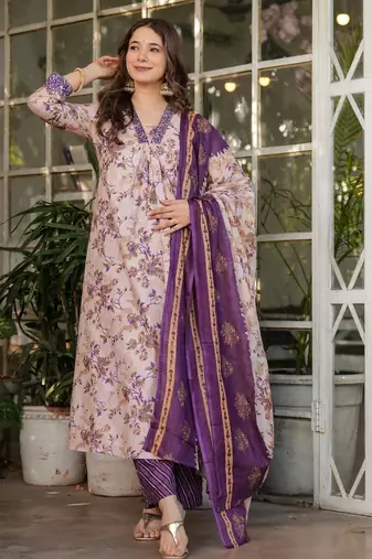 Beige & purple floral printed pure cotton a-line kurta pant set with chanderi cotton dupatta
