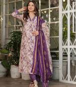 Beige & purple floral printed pure cotton a-line kurta pant set with chanderi cotton dupatta
