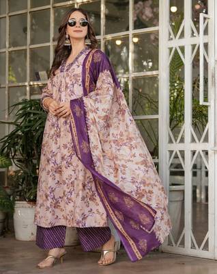 Beige & purple floral printed pure cotton a-line kurta pant set with chanderi cotton dupatta 5