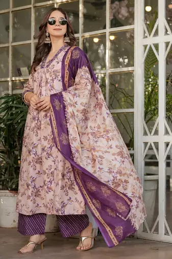 Beige & purple floral printed pure cotton a-line kurta pant set with chanderi cotton dupatta