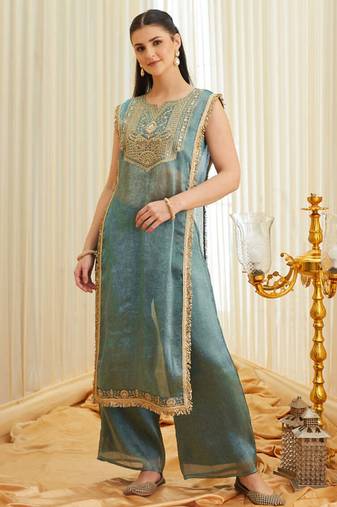 Teal blue embroidered shimmer tissue kurta palazzo set