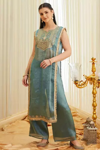 Teal blue embroidered shimmer tissue kurta palazzo set