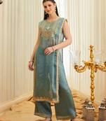 Teal blue embroidered shimmer tissue kurta palazzo set