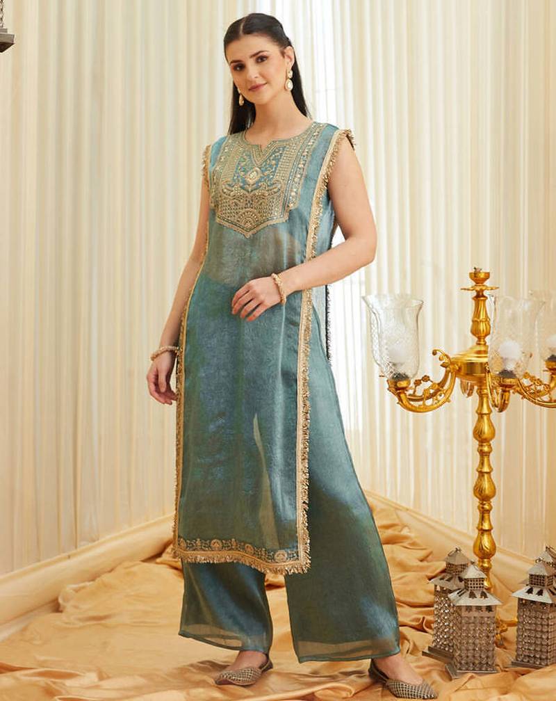 Teal blue embroidered shimmer tissue kurta palazzo set