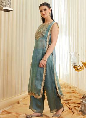 Teal blue embroidered shimmer tissue kurta palazzo set 2