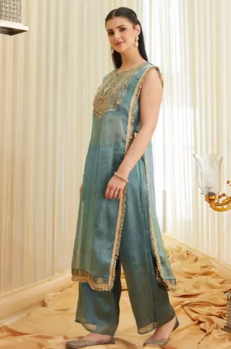 Teal blue embroidered shimmer tissue kurta palazzo set