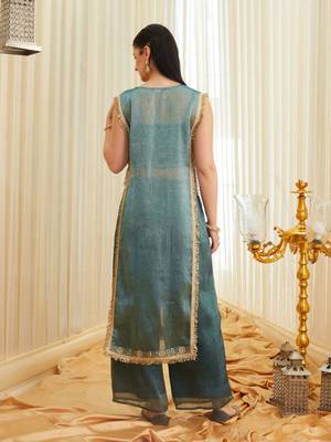 Teal blue embroidered shimmer tissue kurta palazzo set 3