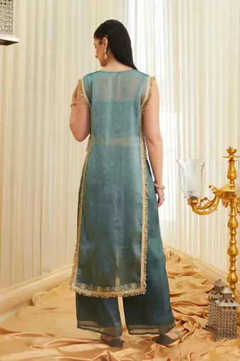 Teal blue embroidered shimmer tissue kurta palazzo set