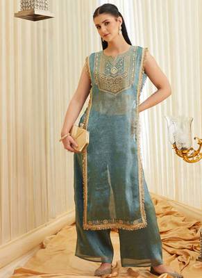 Teal blue embroidered shimmer tissue kurta palazzo set 4