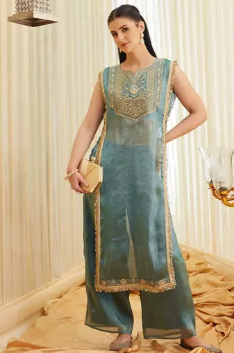 Teal blue embroidered shimmer tissue kurta palazzo set