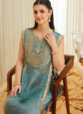 Teal blue embroidered shimmer tissue kurta palazzo set 5