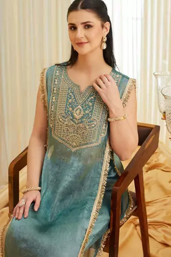 Teal blue embroidered shimmer tissue kurta palazzo set