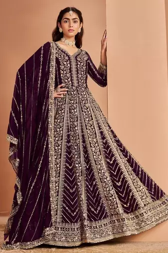 Wine heavy fox georgette embroidery & sequin work anarkali suit