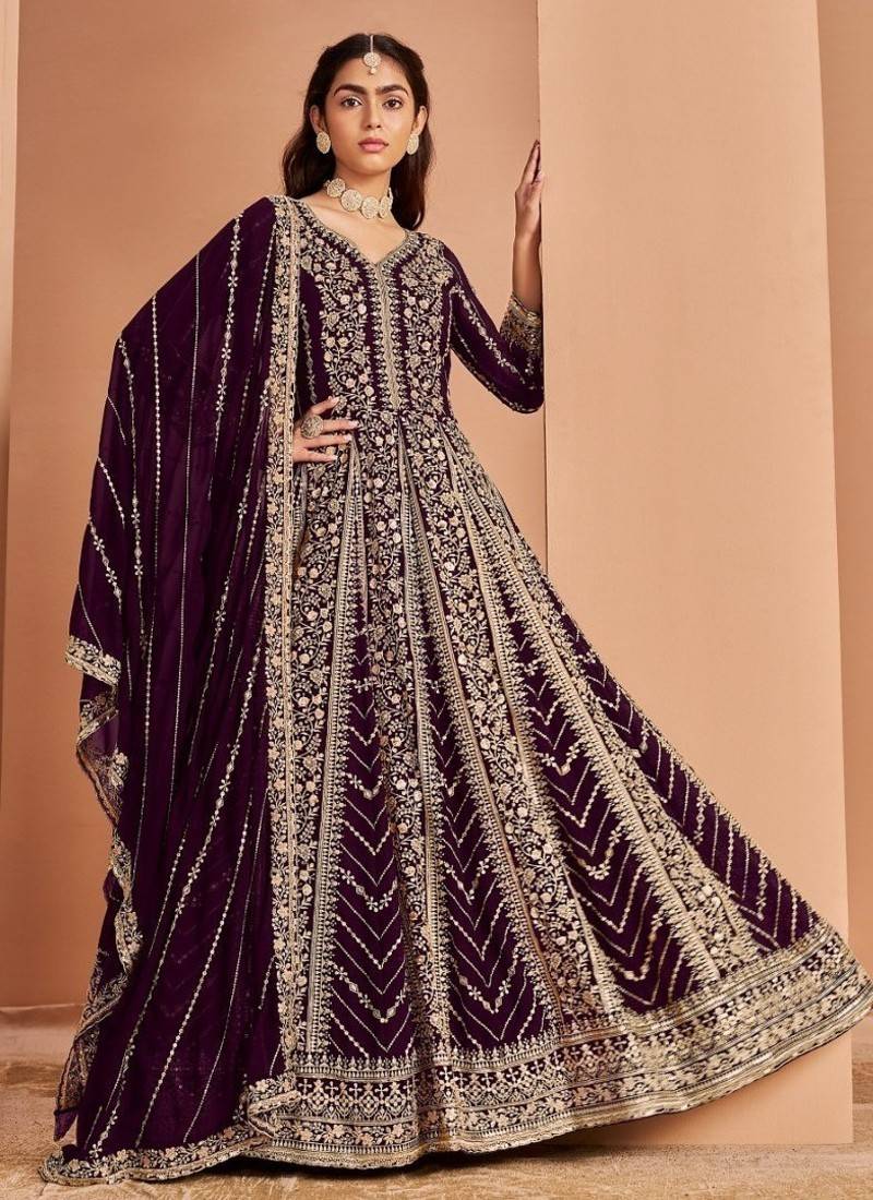 Wine heavy fox georgette embroidery & sequin work anarkali suit
