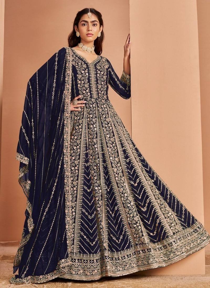 Blue heavy fox georgette embroidery & sequin work anarkali suit