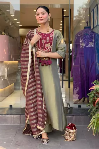 Olive Green Embroidered Kurta Set with Maroon Striped Dupatta