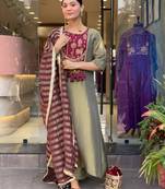 Olive Green Embroidered Kurta Set with Maroon Striped Dupatta
