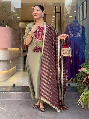Olive Green Embroidered Kurta Set with Maroon Striped Dupatta 2