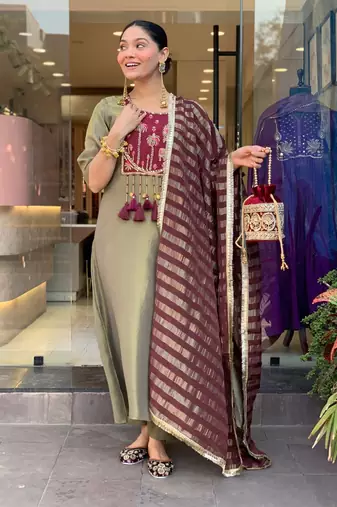 Olive Green Embroidered Kurta Set with Maroon Striped Dupatta