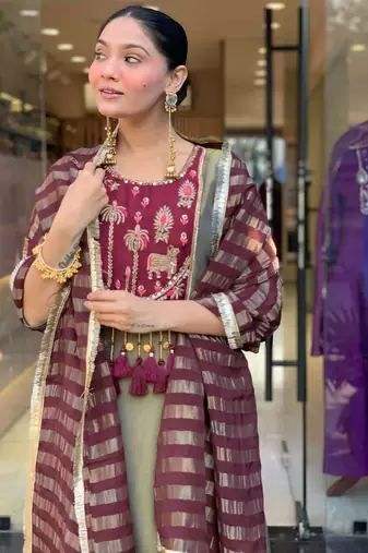 Olive Green Embroidered Kurta Set with Maroon Striped Dupatta