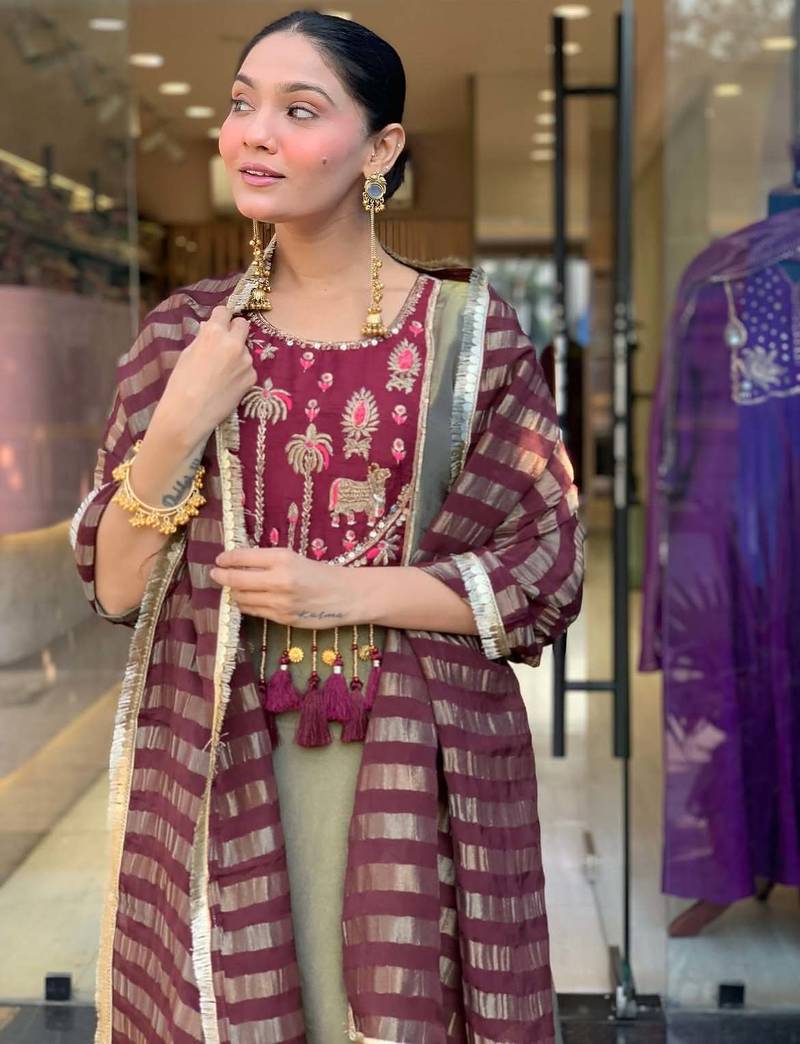 Olive Green Embroidered Kurta Set with Maroon Striped Dupatta