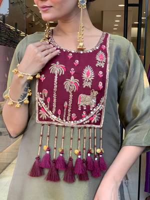 Olive Green Embroidered Kurta Set with Maroon Striped Dupatta 4