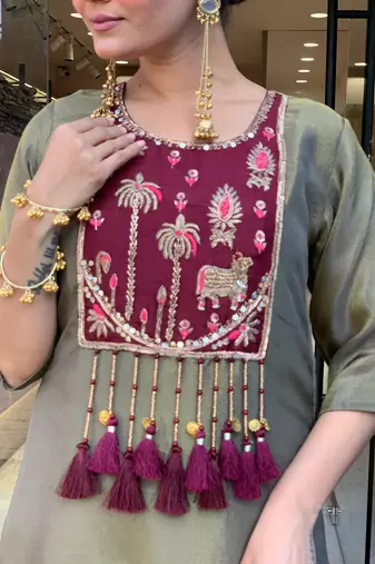Olive Green Embroidered Kurta Set with Maroon Striped Dupatta