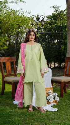 Pastel Green Embroidered Kurta Pant Set with Pink Dupatta 1