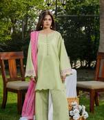 Pastel Green Embroidered Kurta Pant Set with Pink Dupatta