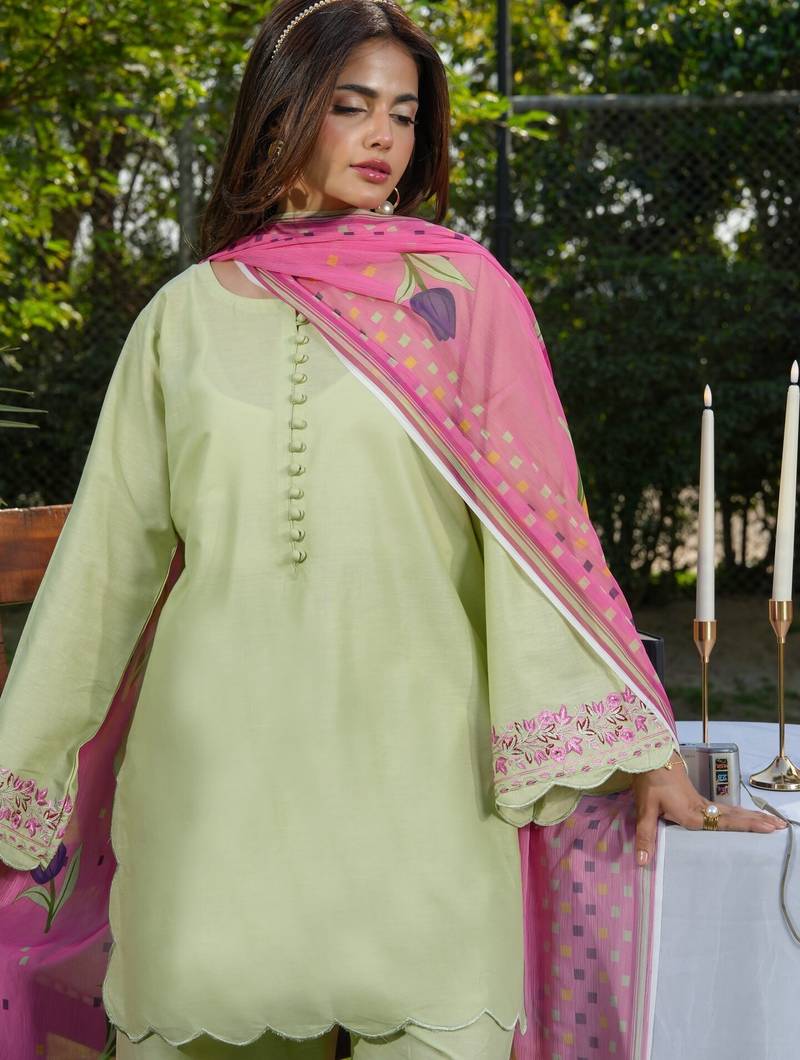 Pastel Green Embroidered Kurta Pant Set with Pink Dupatta