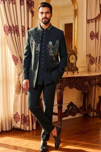 Heavy lachaka 3-piece short jodhpuri featuring intricate handwork, cotton lining, and a luxurious designer finish.