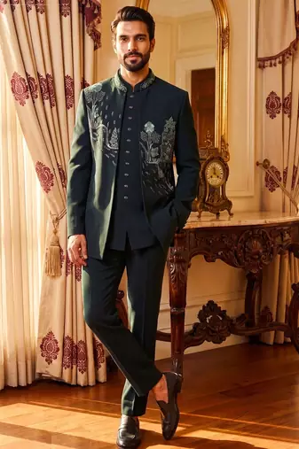 Heavy lachaka 3-piece short jodhpuri featuring intricate handwork, cotton lining, and a luxurious designer finish.