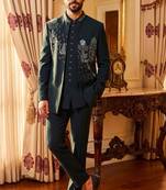 Heavy lachaka 3-piece short jodhpuri featuring intricate handwork, cotton lining, and a luxurious designer finish.