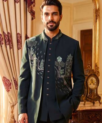 Heavy lachaka 3-piece short jodhpuri featuring intricate handwork, cotton lining, and a luxurious designer finish. 2