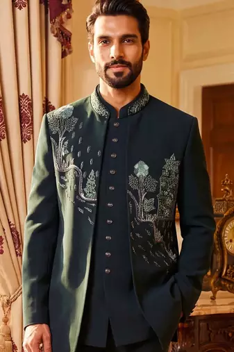 Heavy lachaka 3-piece short jodhpuri featuring intricate handwork, cotton lining, and a luxurious designer finish.