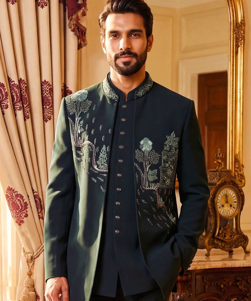 Heavy lachaka 3-piece short jodhpuri featuring intricate handwork, cotton lining, and a luxurious designer finish.