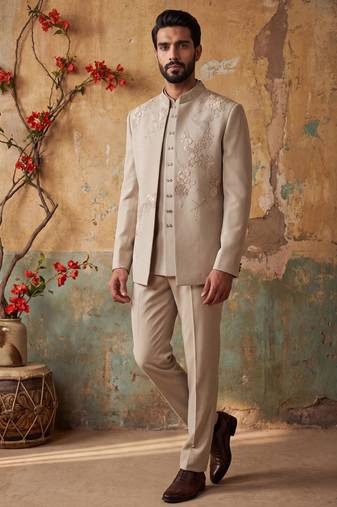 Heavy lachaka 3-piece short jodhpuri featuring intricate handwork, cotton lining, and a luxurious designer finish.