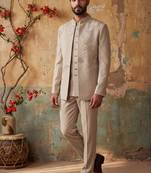 Heavy lachaka 3-piece short jodhpuri featuring intricate handwork, cotton lining, and a luxurious designer finish.