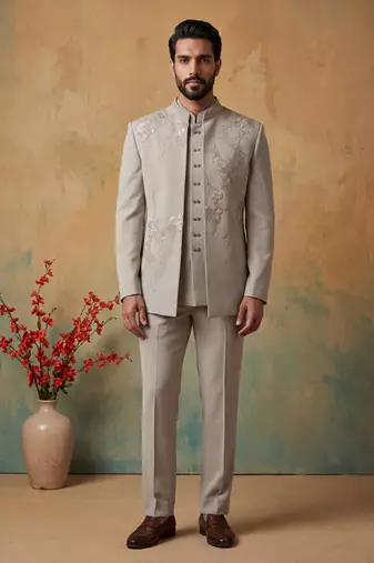 Heavy lachaka 3-piece short jodhpuri featuring intricate handwork, cotton lining, and a luxurious designer finish.