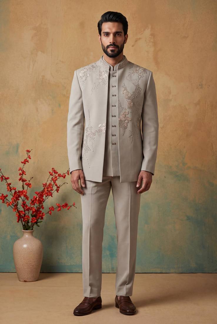 Heavy lachaka 3-piece short jodhpuri featuring intricate handwork, cotton lining, and a luxurious designer finish.