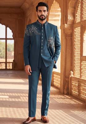 Heavy lachaka 3-piece short jodhpuri featuring intricate handwork, cotton lining, and a luxurious designer finish. 1