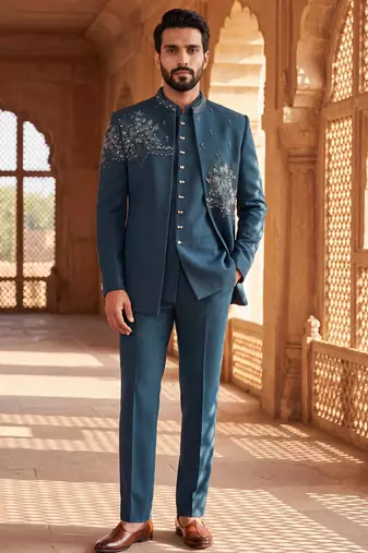 Heavy lachaka 3-piece short jodhpuri featuring intricate handwork, cotton lining, and a luxurious designer finish.