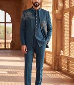 Heavy lachaka 3-piece short jodhpuri featuring intricate handwork, cotton lining, and a luxurious designer finish.