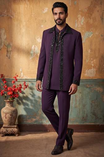 Heavy lachaka 3-piece short jodhpuri featuring intricate handwork, cotton lining, and a luxurious designer finish.