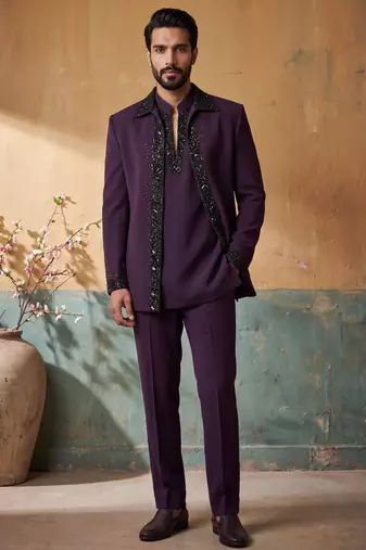 Heavy lachaka 3-piece short jodhpuri featuring intricate handwork, cotton lining, and a luxurious designer finish.